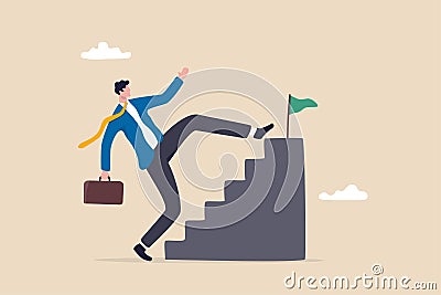 Shortcut or advancement in career development or work to achieve target, skip step to reach goal or beginner mistake by try hard Vector Illustration