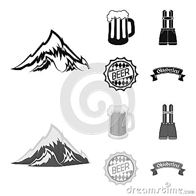 Shorts with suspenders, a glass of beer, a sign, an emblem. Oktoberfest set collection icons in black,monochrome style Vector Illustration