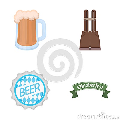 Shorts with suspenders, a glass of beer, a sign, an emblem. Oktoberfest set collection icons in cartoon style vector Vector Illustration