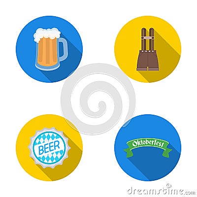 Shorts with suspenders, a glass of beer, a sign, an emblem. Oktoberfestset collection icons in flat style vector symbol Vector Illustration