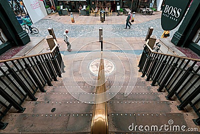 CHESTER, UK - 26TH JUNE 2019: The stairs of the Grosvenor shopping centre in the middle of Chester, Chestershire, UK Editorial Stock Photo