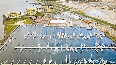 Winter harbour with plenty sailing boats shot from above Editorial Stock Photo