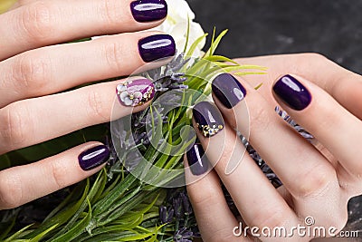 Shot beautiful manicure with flowers on female fingers. Nails design. Close-up Stock Photo