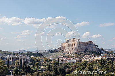 Shot of cityscape of Athens with Acropolis blue sky in the background Stock Photo
