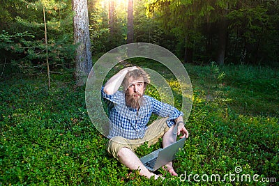 Shot of confused and surprised Caucasian bearded hipster sitting Stock Photo