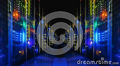 Shot of Corridor in Large Working Data Center Full of Rack Servers and Supercomputers. Stock Photo