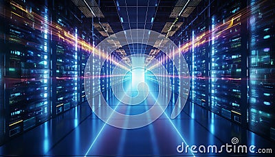Shot of corridor in working data center filled with rack servers and supercomputers AI background Stock Photo