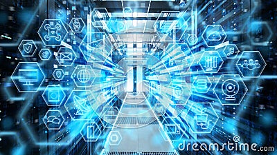 Shot of Corridor in Working Data Center Full of Rack Servers and Supercomputers. Different Compute Stock Photo