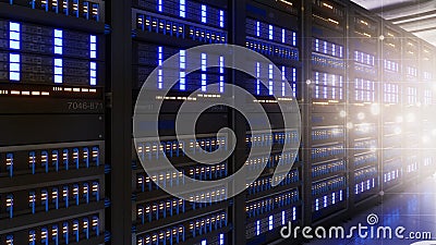 Shot of Data Center With Multiple Rows of Fully Operational Server Racks. Modern Telecommunications, Artificial Intelligence,3d Stock Photo