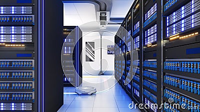 Shot of Data Center With Multiple Rows of Fully Operational Server Racks. Modern Telecommunications, Artificial Intelligence, Stock Photo