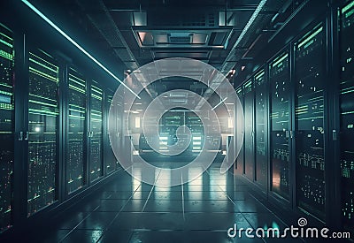 Shot of Data Center With Multiple Rows of Fully Operational Server Racks. Modern Telecommunications, Cloud Computing, Artificial Stock Photo