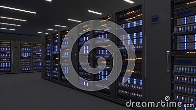 Shot of Data Center With Multiple Rows of Fully Operational Server Racks. Modern Telecommunications,Data center cooling,server Stock Photo