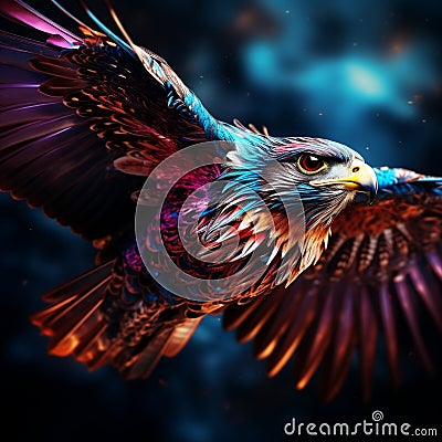 shot of a Falcon soaring through the sky, its vibrant plumage illuminated with Synthwave colors by AI generated Stock Photo