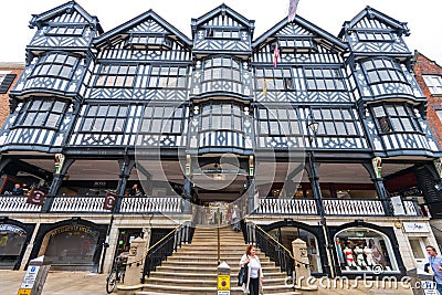 CHESTER, UK - 26TH JUNE 2019: The front of the Grosvenor shopping centre in the middle of Chester, Chestershire, UK Editorial Stock Photo