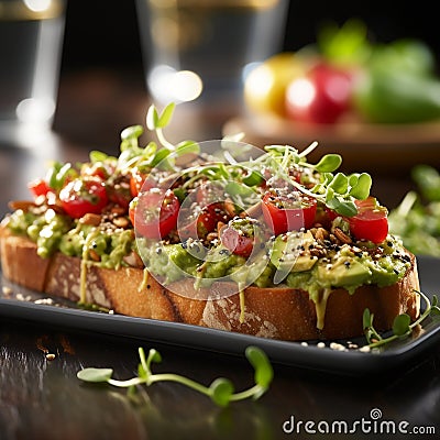 shot of a garnished Avocado Toast, showcasing avocado spread with microgreens and cherry tomatoes toppings by AI generated Stock Photo