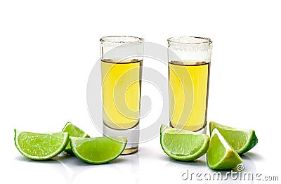 Shot of Gold Tequila with Slice Lime Stock Photo