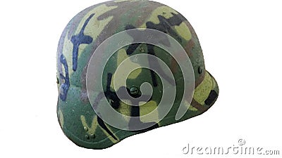 Green camouflage military army bullet proof kelvar helmet Stock Photo
