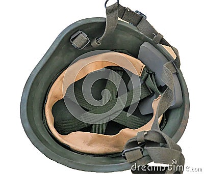 Green camouflage military army bullet proof kelvar helmet Stock Photo