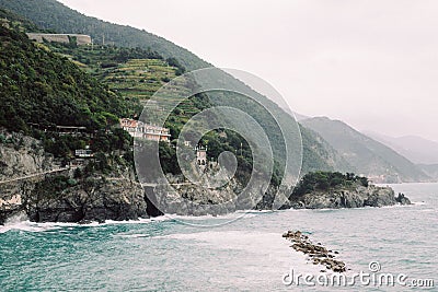 Shot of hilly seashore scenery in Monterosso al Mare, Cinque Terre, Italy Stock Photo