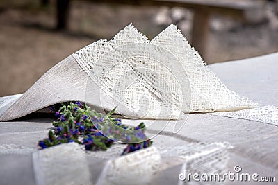 Shot of linen towels, tablecloths, napkins with lace trim Stock Photo