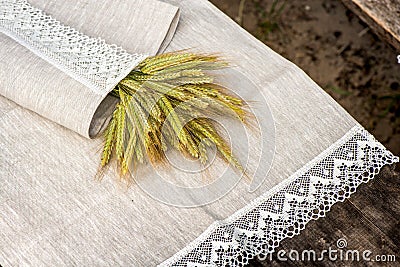 Shot of linen towels, tablecloths, napkins with lace trim Stock Photo