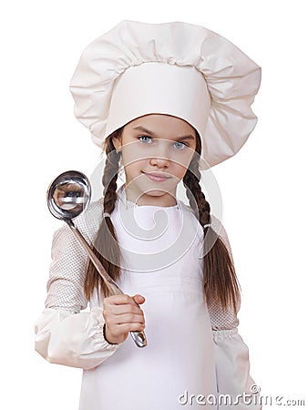 Shot of a little kitchen little girl in a white uniform Stock Photo