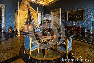 Shot of a luxury bedroom of King Francis II at the Royal Palace of Caserta, Italy Editorial Stock Photo