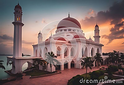 shot Malaysia composition due view long exposure Malacca nature focus Vibrant Beautiful Straits colors Mosque Soft sunset Stock Photo