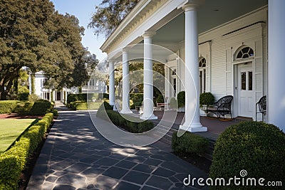 shot of a paved walkway leading to a greek revival porch Stock Photo