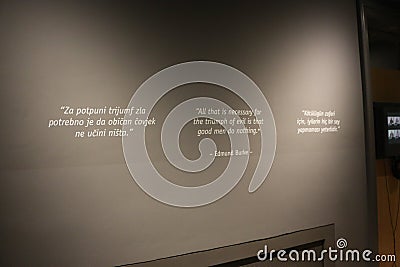 Shot of the quotes by Edmund Burke from the Srebrenica war museum in Sarajevo. Editorial Stock Photo