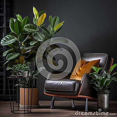 shot of a Rubber Plant (Ficus elastica), focusing on its large, shiny leaves and robust trunk by AI generated Stock Photo