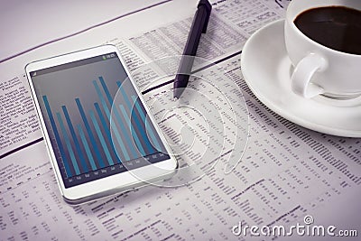 Shot of a smartphone and a cup of coffee on top of the business section of a newspaper. All screen content is designed Stock Photo