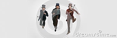 Shot of three man, gentlemen wearing old vintage suit and rushing on business over white background. Banner with copy Stock Photo