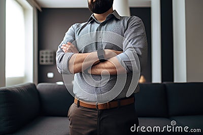 shot of an unrecognizable person standing with his arms crossed at home Stock Photo