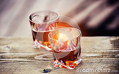 shot of whiskey wooden background Stock Photo