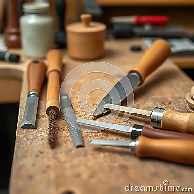 A shot of a workbench with several rasps and files in use creating a blurred motion effect as they are applied Stock Photo