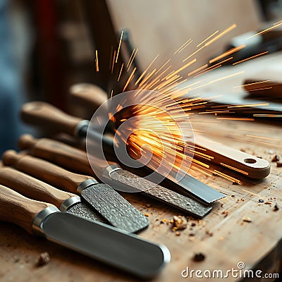 A shot of a workbench with several rasps and files in use creating a blurred motion effect as they are applied Stock Photo