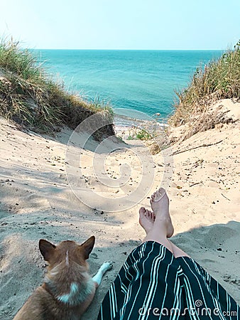 A young stylish hipster woman with dog puppy chihuahua on the beach, cool outfit, romantic mood, having fun, sunny, horizontal, Stock Photo