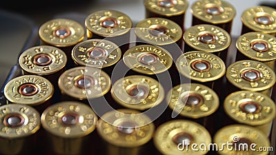 Shotgun cartridges Close-Up Shot of Shotgun Shells in Ammo Box Stock Photo