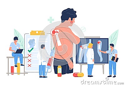 Shoulder arthritis, osteoarthritis. Patient suffering from joint pain visiting doctor office, flat vector illustration. Vector Illustration