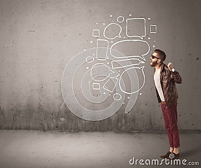 Shouting hipster with empty speech bubble Stock Photo