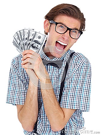 Shouting, money and excited man with dollars in studio isolated on white background. Winner, scream and male person with Stock Photo