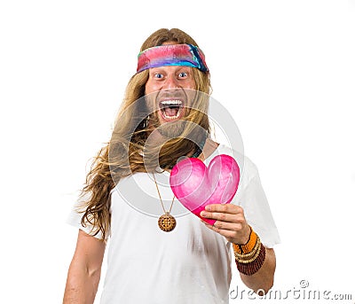 Shouting surprised hippie man holding a love heart Stock Photo