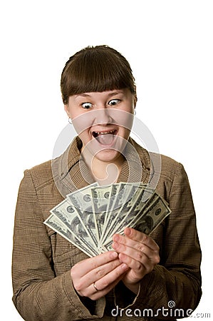 Shouting young woman with money Stock Photo
