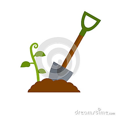 Shovel. Digging hole. Harvest. Pile of earth. Wood brown tool. Cartoon flat illustration. Element of farms and villages Vector Illustration