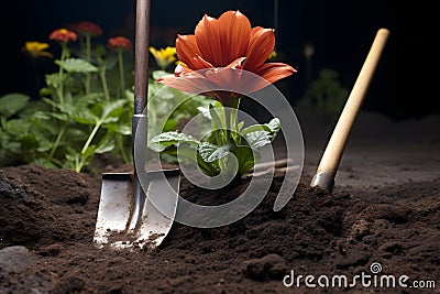 A shovel and a flower plant in the dirt. AI Generated Stock Photo