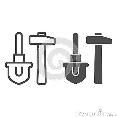 Shovel and hammer line and solid icon. Agriculture digging hardware, garden item symbol, outline style pictogram on Vector Illustration