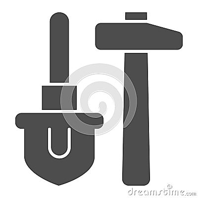 Shovel and hammer solid icon. Agriculture digging hardware, garden item symbol, glyph style pictogram on white Vector Illustration