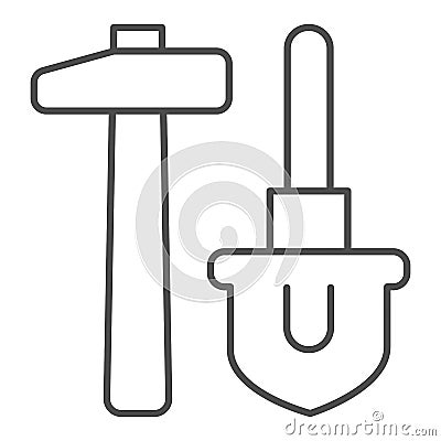Shovel and hammer thin line icon. Agriculture digging hardware, garden item symbol, outline style pictogram on white Vector Illustration