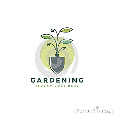 Shovel and plant logo, gardening and farming concept logo template Vector Illustration